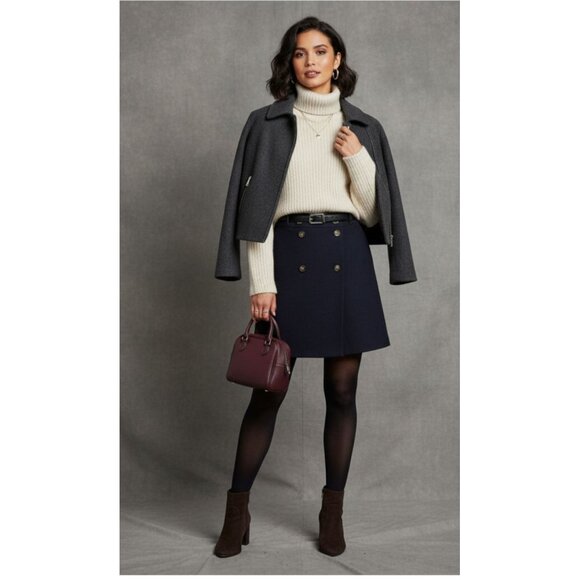 Boden Navy Blue Wool Blend Preppy Button Front  Eloise Wrap Mini Skirt Size 10 - Picture 1 of 13